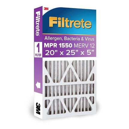 Filtrete 20x25x5 AC Furnace Air Filter, MPR 1550, MERV 12, Fits Trion AirBear, CERTIFIED Asthma & Allergy Friendly, Electrostatic Air Cleaning Filter, 1-Pack (actual size 19.56 x 24.13 x 4.75)