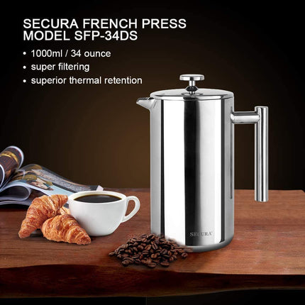 Secura Stainless Steel French Press Coffee Maker 18/10 Bonus Stainless Steel Screen (1000ML), Silver