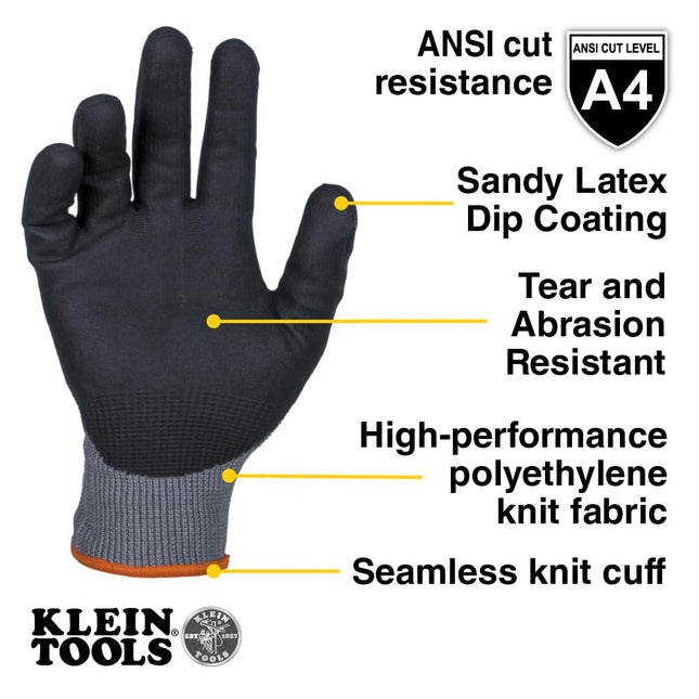 KLEIN TOOLS 60839 Winter Work Gloves, Knit Dipped ANSI A4 Cut Resistant Gloves, Sandy Latex Coated, Fleece-Lined, Touchscreen Capable, Large