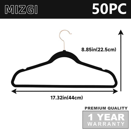 MIZGI Premium Velvet Hangers (Pack of 50) - Heavy Duty, Space Saving, Anti Slip - Black Velvet Suit Hangers with Rose Gold/Copper Hooks