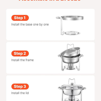VEVOR Chafing Dish Buffet Set, 5 Qt 4 Pack, Stainless Steel Chafer with 4 Full Size Pan, Round Catering Warmer Server with Glass Lid Water Pan Folding Stand Fuel Holder, for Wedding Party Banquet