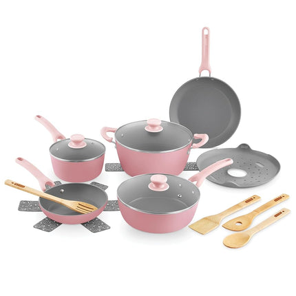 DASH Dream Green Ceramic Recycled Aluminum 15 Piece Cookware Set- Pink