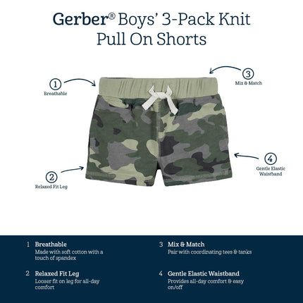 Gerber Baby Boys' Toddler Paquete de 3 Pantalones Cortos de Punto sin Cierre, Camuflaje Verde, 3T