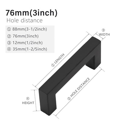 Redunest Cabinet Pulls Matte Black Cabinet Handles Square Drawer Pulls, 40 Pack 3 Inch Stainless Steel Kitchen Door Cupboard Cabinet Handles, Drawer Hardware Handles, 76mm Hole Centers