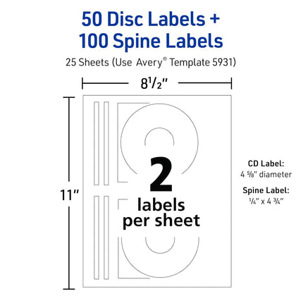 Avery Removable CD Labels, Print to The Edge, Removable Adhesive, 50 Disc Labels and 100 Spine Labels (5931)