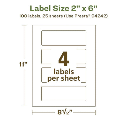 Avery EcoFriendly Matte White Recycled Rectangle Labels, 2" x 6", Print-to-The-Edge, Matte White Labels, Permanent Adhesive, Laser/Inkjet Printable, 100 Total