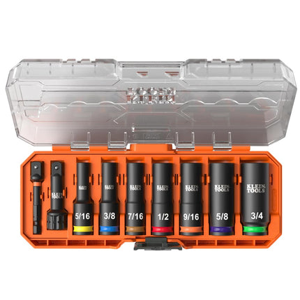 Klein Tools 65109IMPCT KNECT Deep-Well 3/8-Inch Drive Impact Socket Set, SAE, 9-Piece Tool Set with Impact Driver Adapter, Multi-Purpose Wrench Adapter, Color-Coded, MODbox Socket Organizer