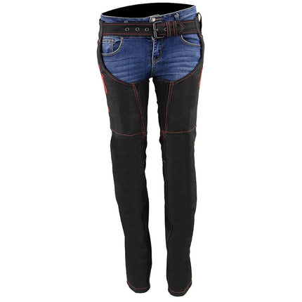 Milwaukee Leather SH1182 Women's Black with Red Textile Motorcycle Riding Chaps with Tribal Embroidery - 2X-Small