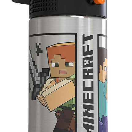 Zak Designs Minecraft - Stainless Steel Water Bottle with One Hand Operation Action Lid and Built-in Carrying Loop, Kids Water Bottle with Straw Spout is Perfect for Kids (15.5 oz, 18/8, BPA-Free)