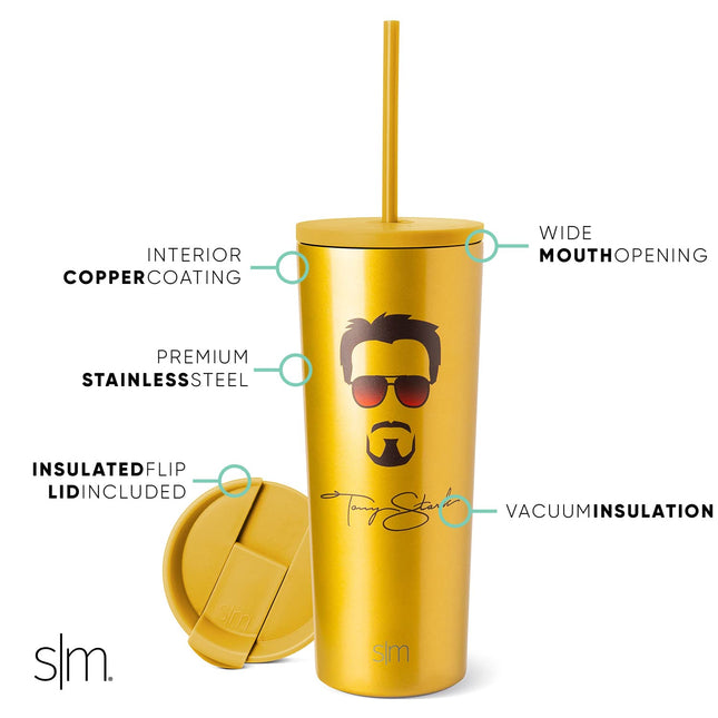 Vaso Aislado Simple Modern Marvel Iron Man Tony Stark con Tapa Abatible y Tapa con Popote | Regalos para Mujeres Hombres Botella de Agua Reutilizable de Acero Inoxidable Taza de Viaje | Colección Clásica | 710 ml