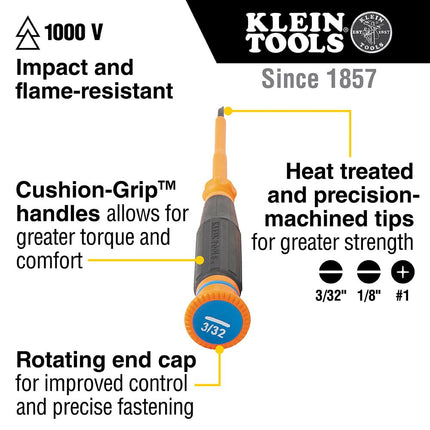 Klein Tools 85613INS Mini Precision Screwdriver Set, 1000V Rated Insulated Screwdrivers, 1 Phillips, 3/32, 1/8-Inch Slotted Tips, 3-Piece