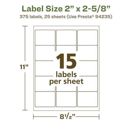 Avery EcoFriendly Matte White Recycled Rectangle Labels, 2" x 2-5/8", Matte White Labels, Permanent Adhesive, Laser/Inkjet Printable, 375 Total