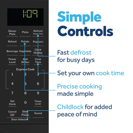Microondas GE GCST09N1WSS, 900 vatios, 7 ajustes de cocción automáticos, utensilios de cocina para encimera, dormitorio o apartamento, tecnología de bloqueo para niños de 0.9 pies cúbicos, acero