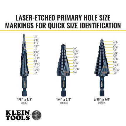 Klein Tools QRST3PC 3-Piece Impact Step Drill Bit Set with Cutting Oil and Modular Case, 1/2 to 7/8-Inch, Quick Release Hex Shank