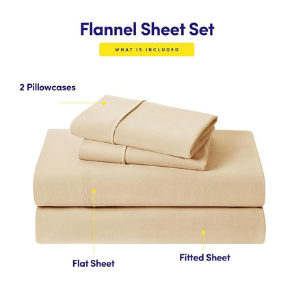 Sweet Home Collection Flannel Sheets Warm and Cozy Deep Pocket Breathable All Season Bedding Set with Fitted, Flat and Pillowcases, Twin, Beige
