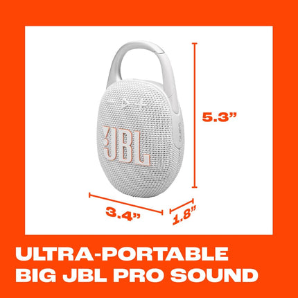 JBL Clip 5 - Ultra-Portable, Waterproof & Dustproof Bluetooth Speaker, Big Pro Sound with punchy bass, Integrated carabiner, Up to 12 Hours of Play, Made in part with recycled materials (White)