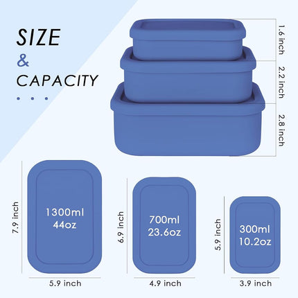 Keweis Silicone Food Storage Containers, Set of 3 Bento Lunch Box Containers with Lids, Hard-Shell Silicone, Airtight, Microwave, Dishwasher and Freezer Safe (10oz, 23.6oz, 44oz) (Dark Blue) (CGJ-1)