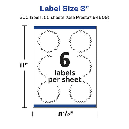 Avery Glossy White Starburst Labels with Sure Feed, 3", 300 Glossy White Labels, Print-to-The-Edge, Permanent Label Adhesive, Laser/Inkjet Printable Labels