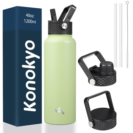 Konokyo 40oz Insulated Water Bottle Sport Stainless Steel Water Bottles with 3 Lids,Macaron Green