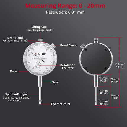 XUNTOP Dial Indicator 20mm/0.01mm with 132lbs/60kg Magnetic Base,Imperial Dial Test Gauge Set for Lathe,3D Printer,CNC,Car,Laboratory