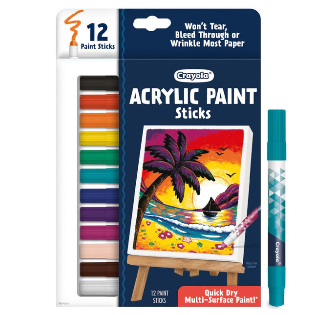 Crayola Pintura Acrílica en Barra (12 unidades), Multisuperficie, Secado Rápido, Pintura Infantil Menos Sucia, Edad 8+