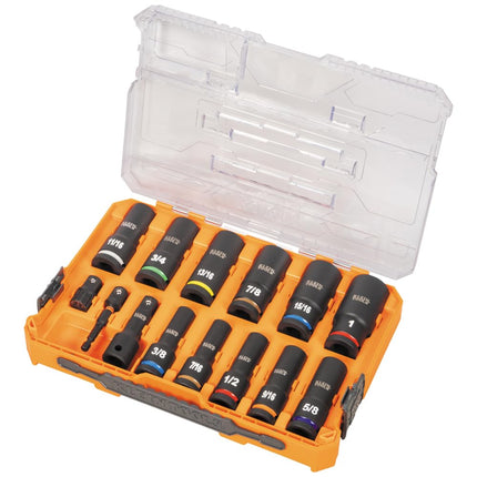 Klein Tools 65111IMPCT KNECT Deep-Well Impact Socket Set, 1/2-Inch Drive, SAE, Color Coded, MODbox Case, Impact Adapter and Extension, 14-Piece