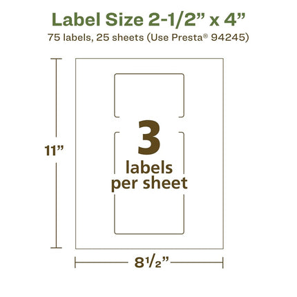 Avery EcoFriendly Matte White Recycled Rectangle Labels, 2.5" x 4", Print-to-The-Edge, Matte White Labels, Permanent Adhesive, Laser/Inkjet Printable, 75 Total