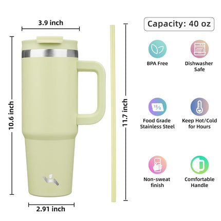 Konokyo 40 oz Tumbler with Handle and 2 Straws,2 in 1 Lid Insulated Water Bottle Stainless Steel Travel Coffee Mug,Macaron Green