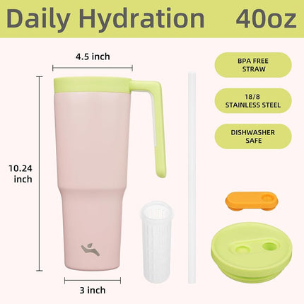 Gobelet isotherme Konokyo avec poignée et paille, bouteille d'eau en acier inoxydable sous vide de 40 OZ, tasse de voyage en métal avec diffuseur de fruits, cerise