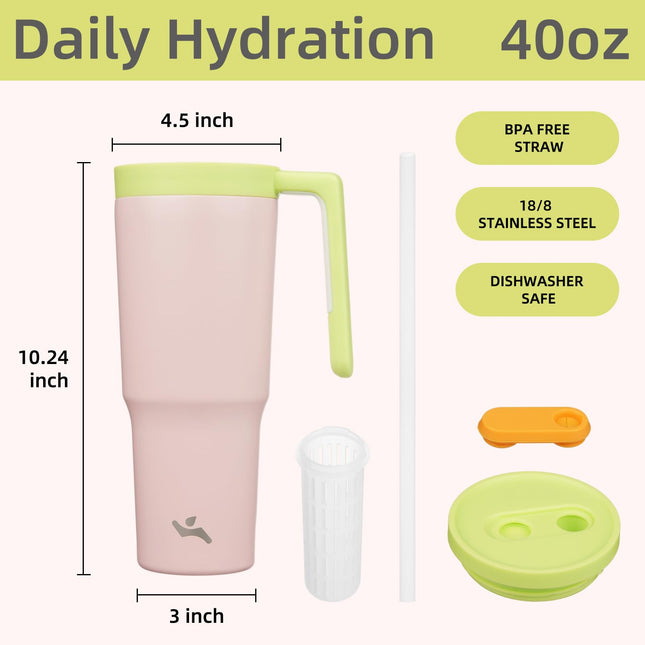 Konokyo Insulated Tumbler with Handle and Straw,40 OZ Vacuum Stainless Steel Water Bottle Travel Mug Metal Cup with Fruit Diffuser,Cherry