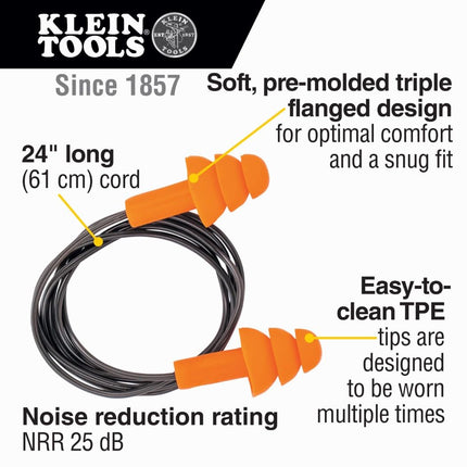 Klein Tools Corded Earplugs, 6 pr Pack 605036