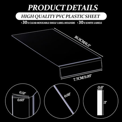Containlol 30 Pcs PVC Shelf Label Holders with Insert Card, 6.5x3x0.6''