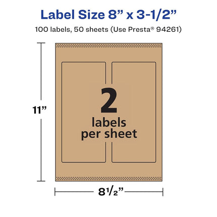 Etiquetas rectangulares Avery Kraft Marrón con Sure Feed, 8" x 3.5", 100 etiquetas kraft marrones, impresión hasta el borde, etiquetas imprimibles láser/inyección de tinta