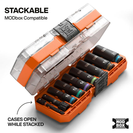 Klein Tools 65109IMPCTM KNECT Deep-Well 3/8-Inch Drive Impact Socket Set, Metric, 9-Piece Tool Set with Impact Driver Adapter, Multi-Purpose Wrench Adapter, Color-Coded, MODbox Socket Organizer