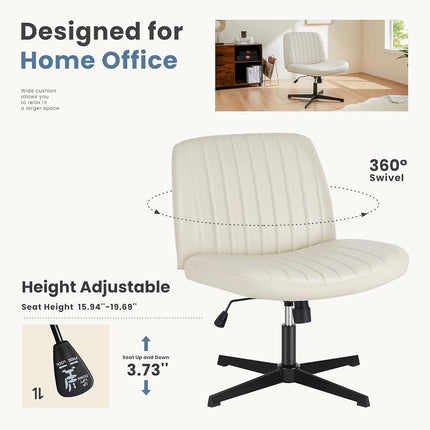 DUMOS Desk Chair No Wheels, Criss Cross Chair Wide Cross Legged Office Desk Vanity Chair, PU Leather Armless Adjustable Swivel Chairs for Home Computer Task Beige