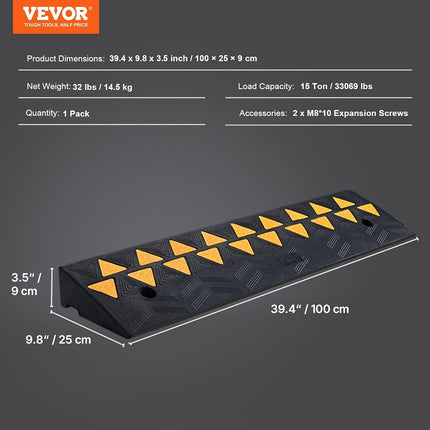 VEVOR Rubber Curb Ramp 9 cm Rise Height Sidewalk Curb Ramp, 25 cm Width 100 cm Length Driveway Ramp for Curb, 15T Heavy Duty Rubber Ramp for Forklifts, Trucks, Buses, Cars, Wheelchairs, Bikes