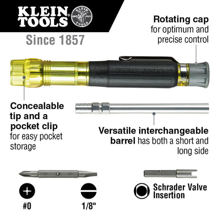 Klein Tools 32596 Multi-Bit Screwdriver/Nut Driver, Magnetic 8-in-1 HVAC Slide Drive Tool with Hex, Phillips, Schrader Bits, Nut Drivers