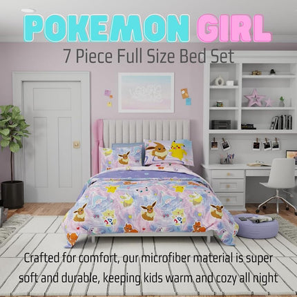 Franco Pokemon Girl Anime Kids Bedding Super Soft Comforter and Sheet Set with Sham, 7 Piece Full Size, (Official Licensed Product)
