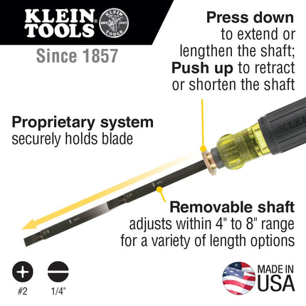 Klein Tools 32751 Screwdriver with Adjustable Length 4 to 8-Inch, Made in USA, #2 Phillips Tip and 1/4-Inch Slotted Tip