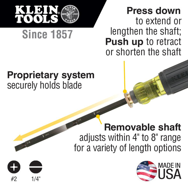 Klein Tools 32751 Screwdriver with Adjustable Length 4 to 8-Inch, Made in USA, #2 Phillips Tip and 1/4-Inch Slotted Tip