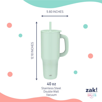 Vaso térmico de viaje Sutton de Zak Designs para llevar, acero inoxidable de 40 oz con aislamiento al vacío, pajita de silicona y asa de transporte para bebidas frías (verde menta icicle)