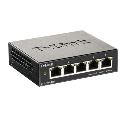 D-Link DGS-1100-05V2 5-Port Gigabit Smart Managed Switch with VLAN support, layer 2 features, QoS, 802.3az EEE, Fanless