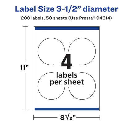 Avery Matte White Removable Round Labels with Sure Feed Technology, Print-to-The-Edge, 3.5" Diameter, 200 Removable Labels, Laser/Inkjet Printable Labels