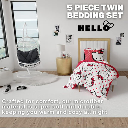 Franco Comforter and Sheet Set, Microfiber, Hello Kitty, 5 Piece Twin Size
