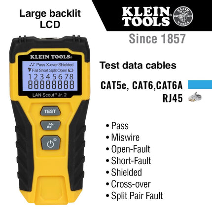 Klein Tools 80072 RJ45 Cable Tester Kit with LAN Scout Jr. 2, Coax Crimper/Stripper/Cutter Tool and 50-Pack Pass-Thru Modular Data Plugs