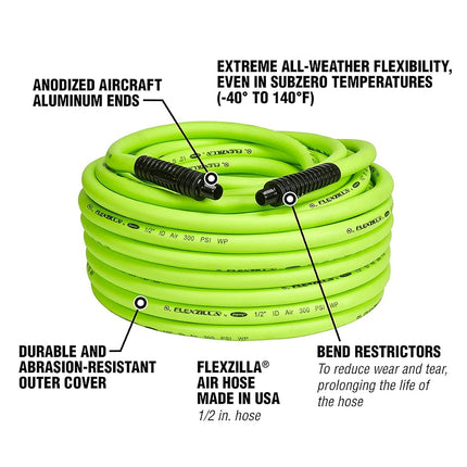 Tuyau à air comprimé Flexzilla HFZ12100YW4 ZillaGreen 100 pi, limiteurs de courbure MNPT, 1/2 po x 100 pi avec raccords 1/2 po