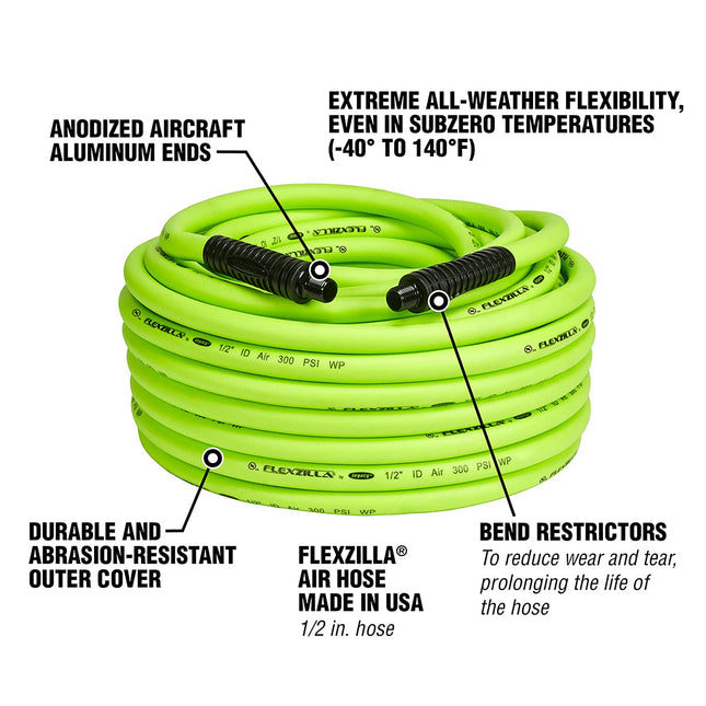 Flexzilla HFZ12100YW4 100 ft. ZillaGreen air Hose MNPT Bend restrictors, 1/2" (inches) x 100' (feet) with 1/2" Ends