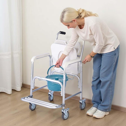 VEVOR Bedside Commode Chair with Wheels, 159 kg Capacity, 4-in-1 Portable Toilet and Raised Toilet Seat with Padded Seat/Backrest/Flip-up Footrest, Detachable 5L Bucket, Shower Wheelchair for Seniors