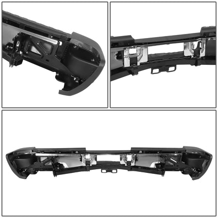 DNA MOTORING Rear Bumper Compatible with 15-19 Silverado Sierra 2500HD 3500HD w/Dual Rear Wheels Hitch Bar & Rear Parking Sensor Holes, Chrome/Black, STEPBUM-10062