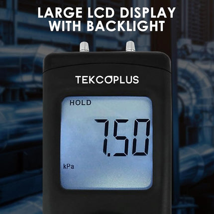 Portable Handheld Digital Manometer HVAC Air Vacuum/Gas Differential Pressure Gauge Meter Tester 11 Units with Backlight, 13.78kPa 2PSI, 1-2 Pipes Ventilation Air Condition System Measurement